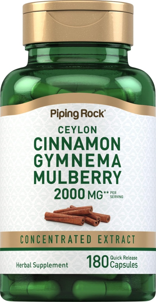 Piping Rock Ceylon Cinnamon Gymnema Mulberry Kompleks | 2000 mg | 180 Capsules | Herbal Supplement | Interd Extract | Non-GMO, Gluten Free Free