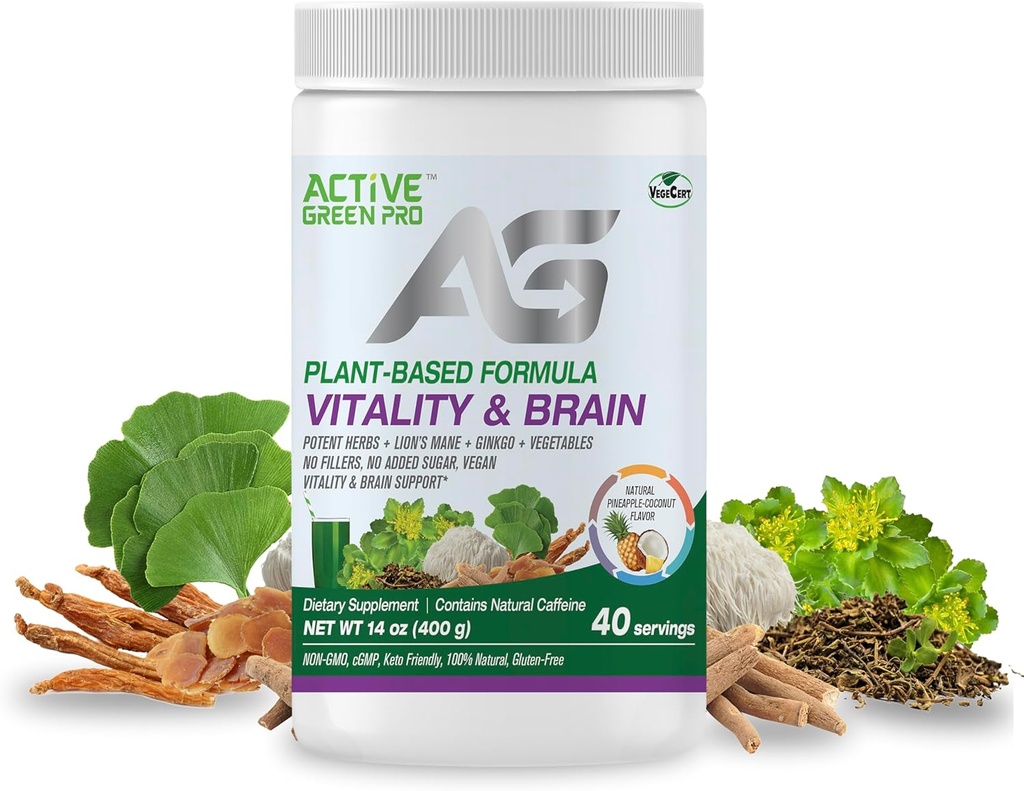 Vitality & Brain Toz, Synergistic Herbs, Lion's Mane, Ginkgo ve Sebzeler, Plant-Based Formula, No Fillers, No Sugar eklendi - 40 Hizmetler