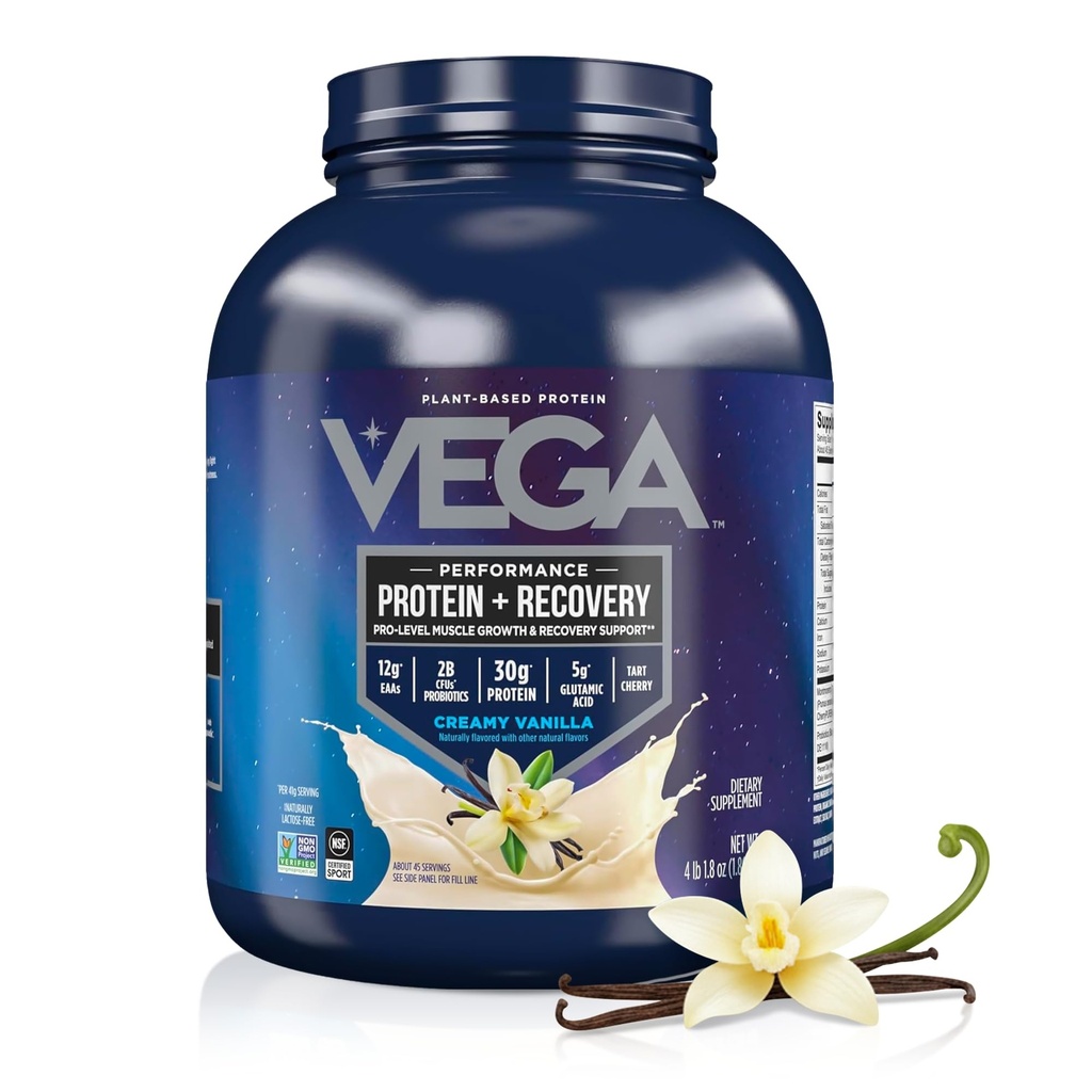Vega Sport Vegan Protein Toz + Recovery - 30g Plante bazlı proteinler, Vanilla, 45 Hizmet, 5g BCAAs, Probiyotikler, NSF sertifikalı, For Shakes & Smoothies, 4.1lbs (Pazar May Vary)