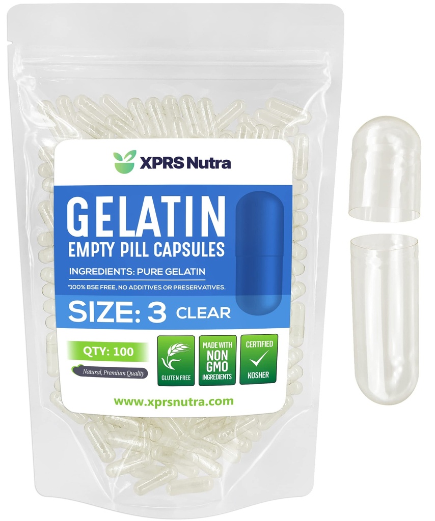 XPRS Nutra Boyutu 3 Boş Kapsüller - 100 Kont Clear Boş Gelatin Capsules - Pills DIY Capsule - Pure Bovine Pill Gel Caps Fillable Do-It- Yourself Vitamins and Supplements