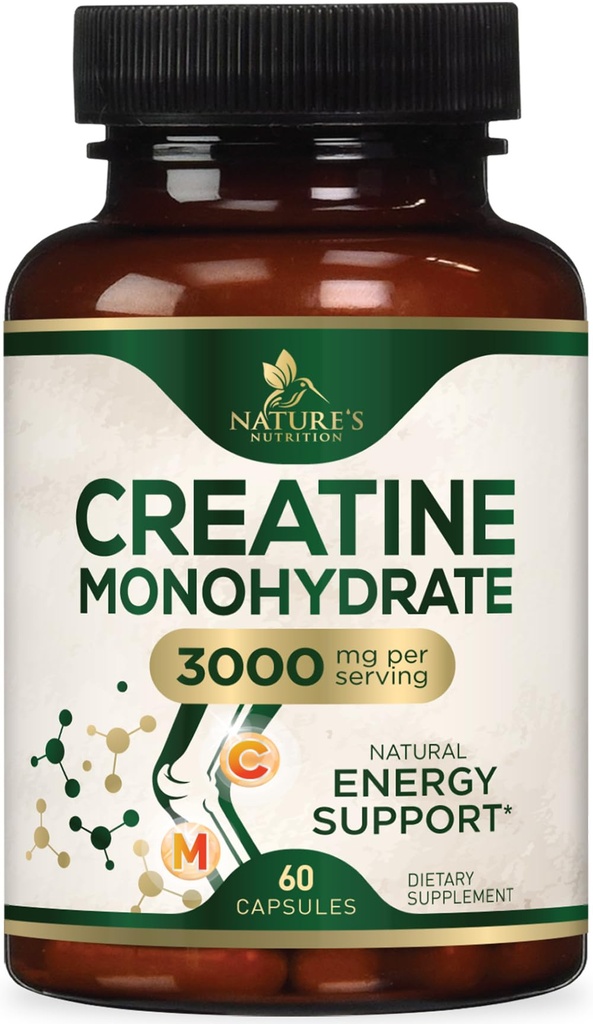 Kretine Monohidrat Capsules 3000 mg - En İyi Mikronized Kretine Toz - Destekler Lean Muscle, Strength, Energy, & Endurance - Nature's Supplement, Non-GMO, Gluten Free for Women & Men - 60 Capsules