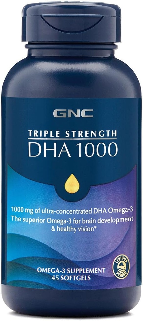 GNC Triple Strength DHA 1000 Omega 3 Supplement, 1000 mg DHA, Beyin Gelişimi ve Sağlıklı Vizyonu Destekler, 45 Softgels