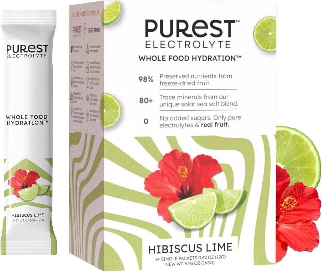 Brainer Purest Electrolyte Hibiscus Lime Toz Paketleri - Tüm Gıda Hydration - Organik Freeze-Dried Meyveler ve Güneş Deniz Tuzları Ultimate Electrolyte Balance için