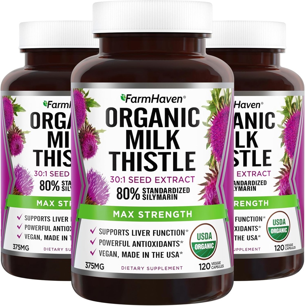 Farm Haven USDA Organik Süt Butle Capsules | 30X Yoğun Tohum Ekstraksiyon &% 80 Silymarin Standardized - Supports Liver Function and General Health | Non-GMO | 360 Vegan Capsules