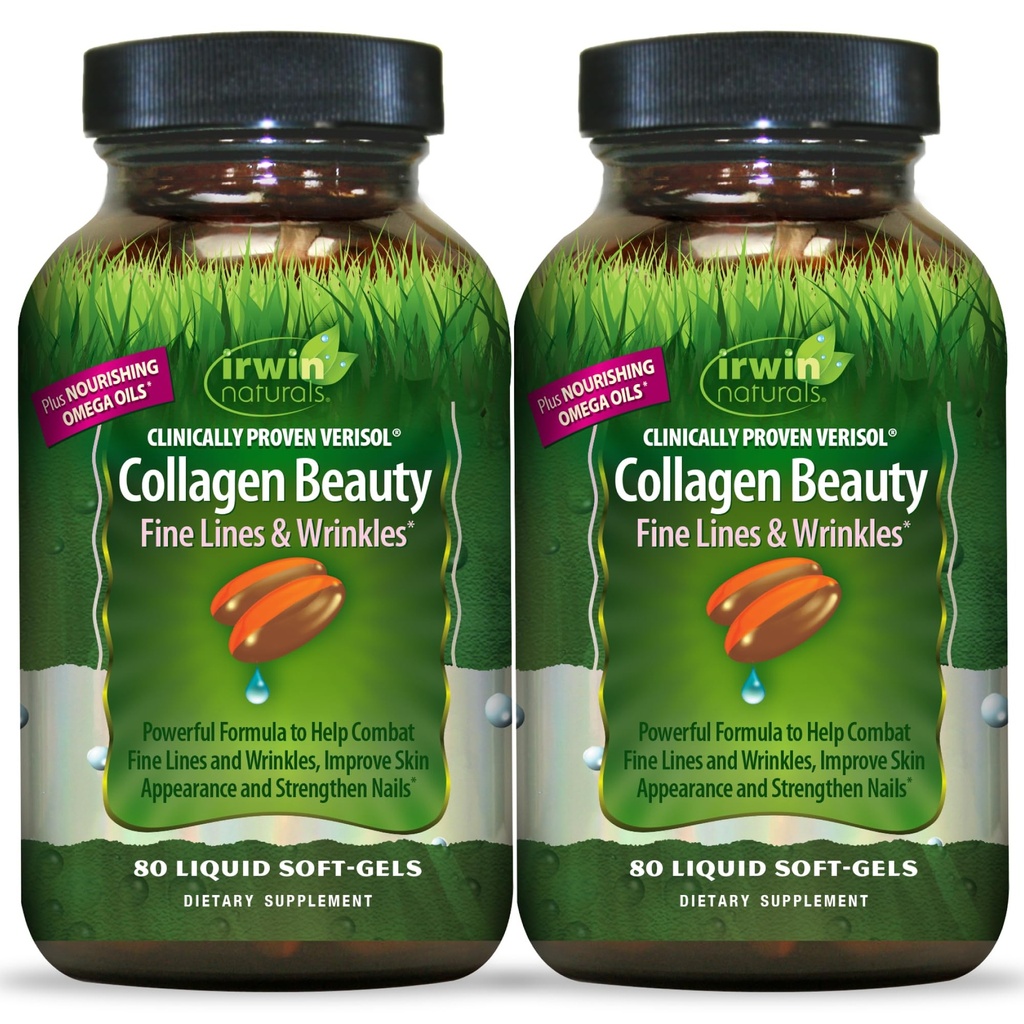 Irwin Naturals Collagen Beauty – 80 Liquid Soft-Gels – Gelişmiş Skin, Hair & Nail Nourishment - 2 Pack