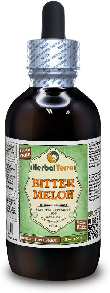 Bitter Melon (Momordica Charantia) Glycerite, Organik Kuru Meyve Alkol Özgür Sıvı Ekstraksiyon (Brand Name: HerbalTerra, Proudly Made in USA) 4 fl.oz (120 ml)