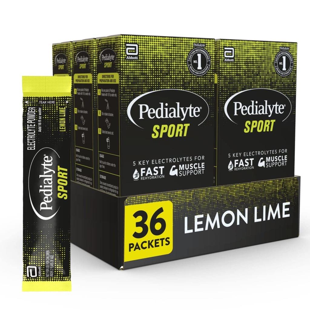 Pedialyte Sport Electrolyte Toz, Kas Desteği için 5 Key Electrolytes for Muscle Support before, During, & After Egzersiz, Lemon Lime, 0.49-oz Packets (36 Count)