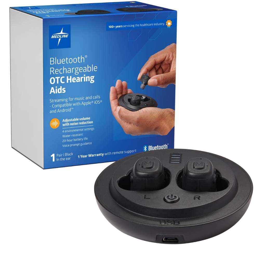 Medline Bluetooth Isıtma OTC İşitme Aids, in-Ear, 4 Çevre Ayarları, Suye Dayanıklı, Atıcı Cilt, Moderate İşitme Kayıpları, Gürültü Azaltımı, Earbud İşitme Aids