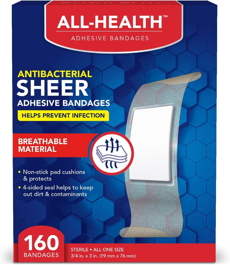 All Health Antibacterial Sheer Adhesive Bandages, 3/4 in x 3 in, 160 ct | Helps Prevent Infection, Extra Large Comfortable Protection for First Aid and Wound Care