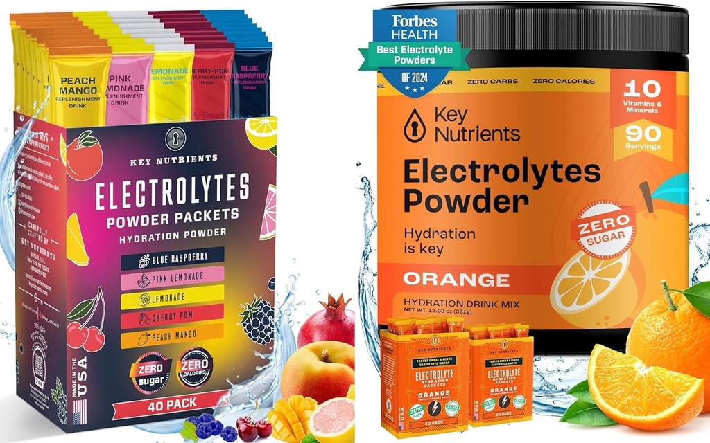 KEY NUTRIENTS Ultimate Hydration & Recovery Bundle: 40 Pack Multivitamin Hydration Packets & 90 Servings of Tangy Orange Electrolyte Powder - No Sugar, Gluten-Free, Keto-Friendly
