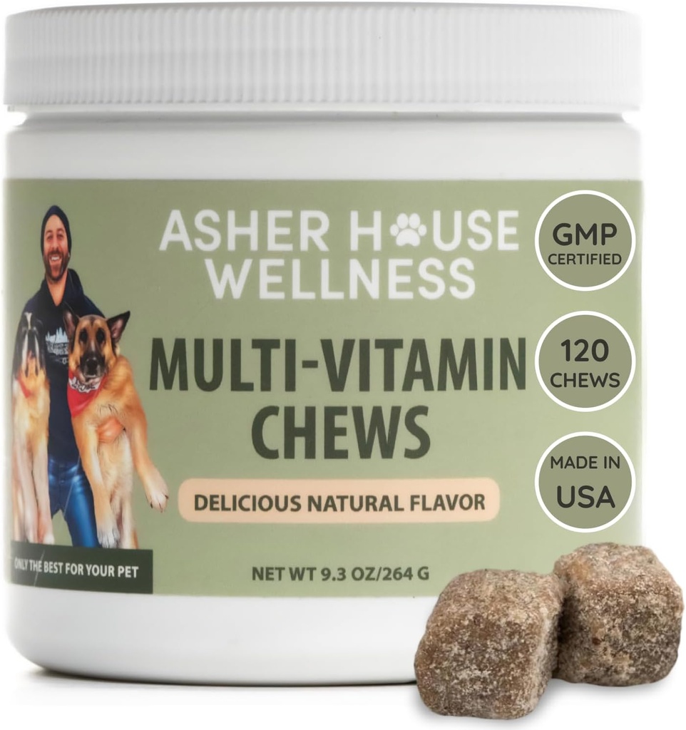 Asher House Wellness Dog Multivitamin Chews - Dog Vitamins and Supplements, Soft Chew for Pet Dogs with Probiotics, Flaxseed, Colostrum - Comprehensive Health Support from Puppy to Senior, 120 Chews