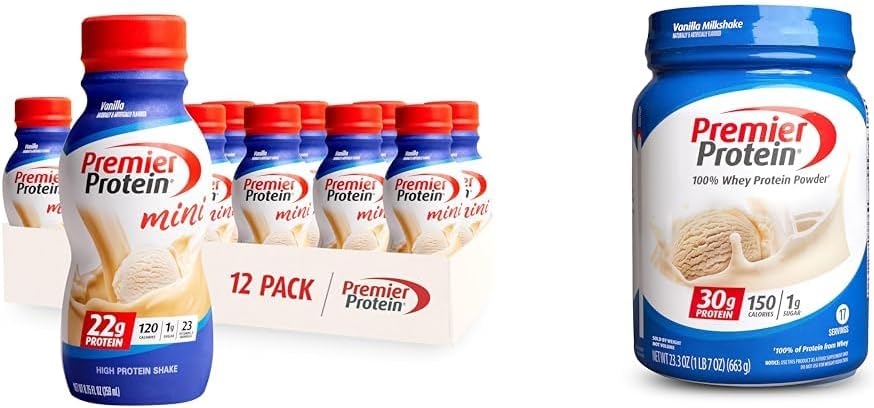 Premier Protein Shake MINIs Vanilla 22g protein 120 Calories 12 & Toz Vanilla Milkshake 30g Protein 17 23.3 Ounces
