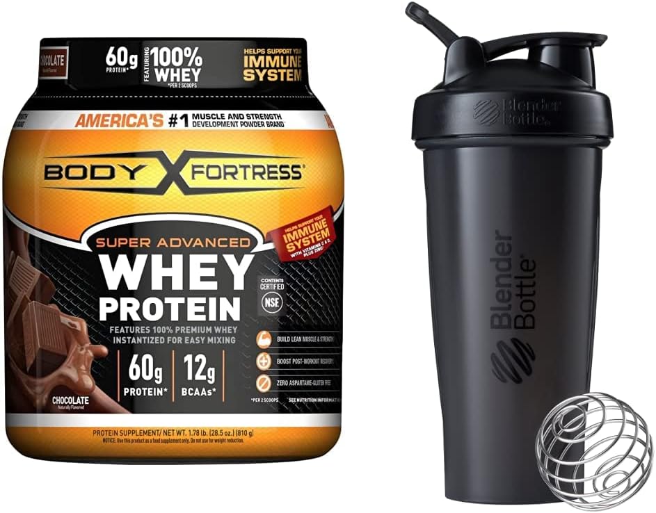 Body Fortress Super Advanced Whey Protein Toz, Chocolate (1.78 lbs) ve BlenderBottle Classic Shaker Şişe (28 oz), Black Shaker Şişe (28 oz), Black Shaker Şişe (28 oz), Black Shaker