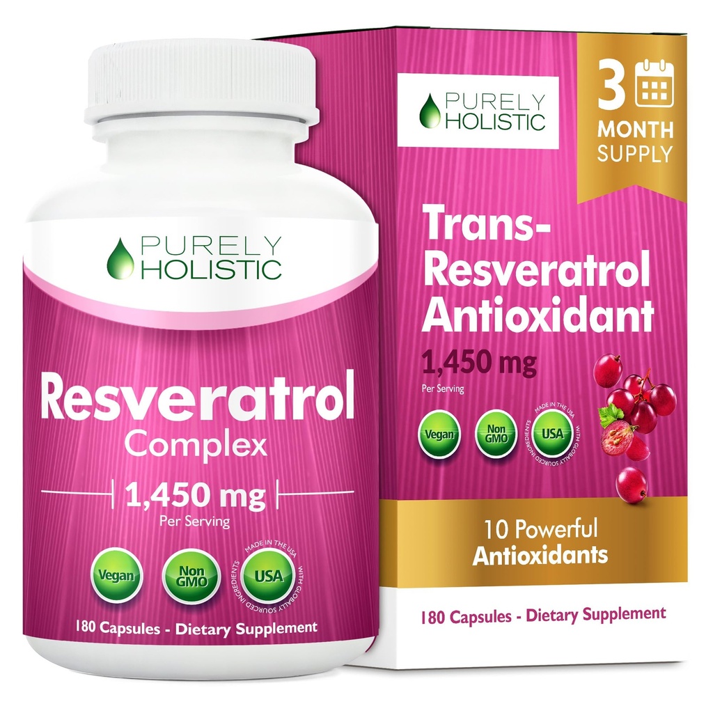 Safly Holistic Resveratrol 1450 mg, 90 Hizmet, C ve Polyol Kompleksi ile Trans-Resveratrol Antioksi Supplement, 180 Vegan Capsules