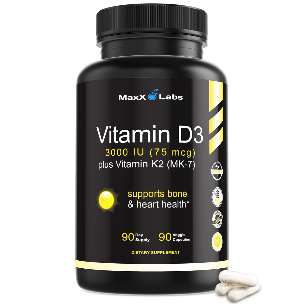 D3 C2 3000 IU - Natto'dan MK-7 vitamini ile - Yüksek Potency Vitamin D Supplement Sağlıklı Kemikleri, Dişler, Kalp ve Immune Function, Gluten-Free - 90 Capsules