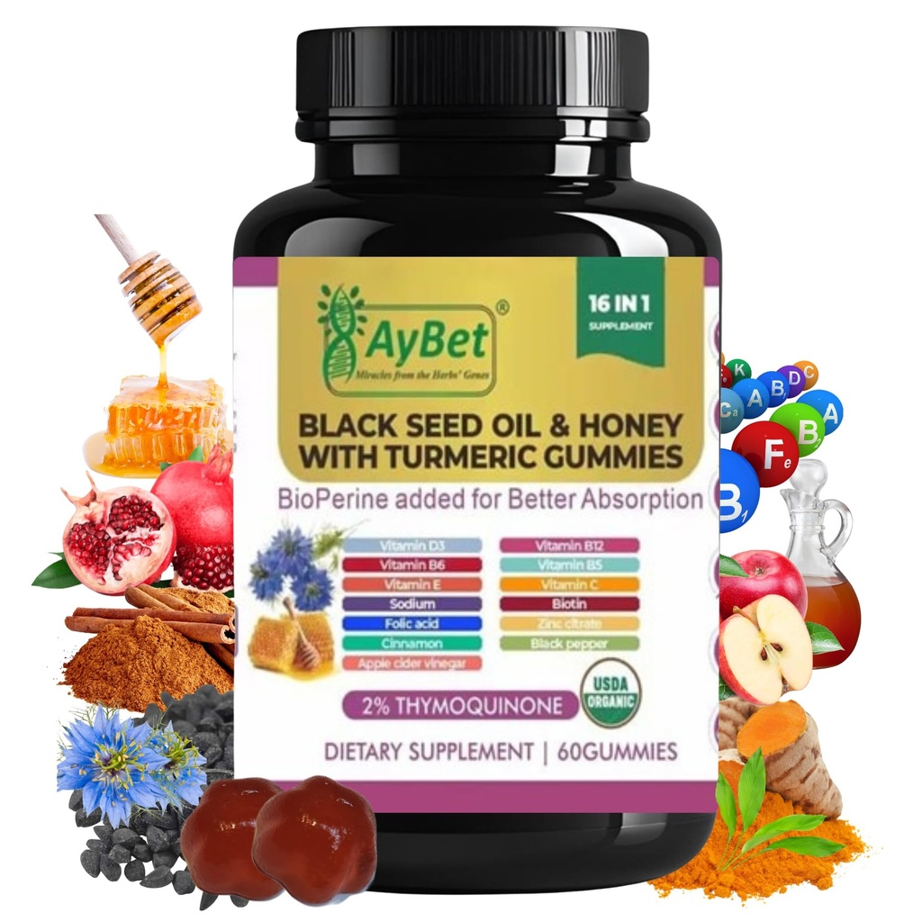 Black Seed Oil & Honey with Turmeric Gummies with BioPerine, Apple Cider Vinegar, Biotin, çinko & Vitamins C D3 B12 - Immune, Detox, Energy & Hair Skin Nails Support – 60 Vegan, Hell, Organik Gummies