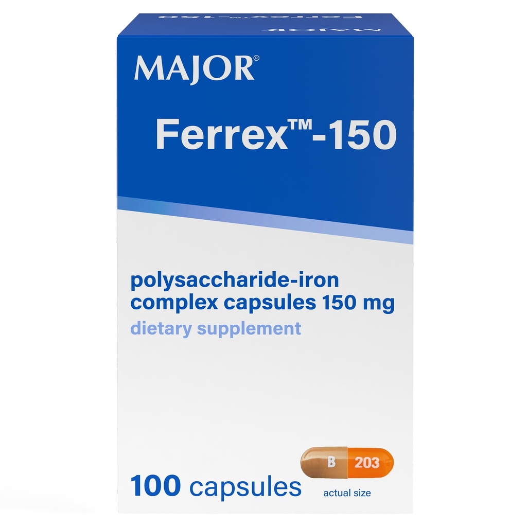 MAJOR Ferrex-150 Polysaccharide-Iron Kompleksi Capsules 150mg Kadınlar ve Erkekler için Demir Supplement - Stomach'ta - 100 Capsules