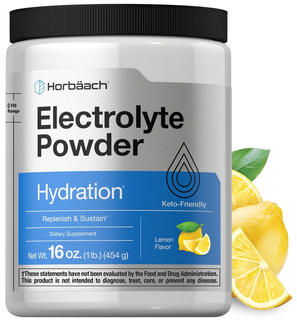 Horbäach Electrolytes Toz | 16 oz | 130 Hizmet | Hydration Supplement | Vegetarian | Keto-Friendly | Non-GMO, Gluten Free Formula | Lemon Flavor