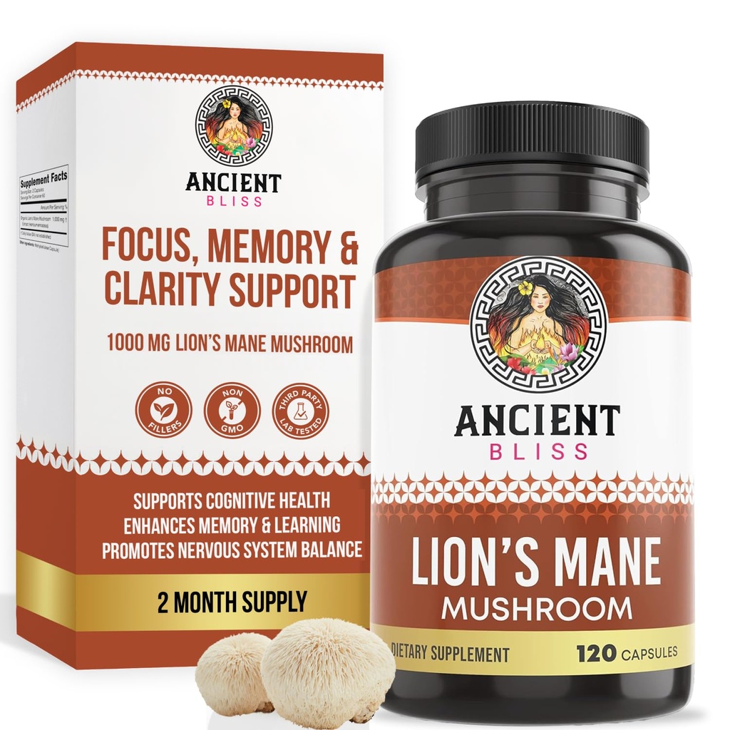 Eski Bliss Lion's Mane Supplement (2 Ay Supply)- 120 Vegan Mushroom Capsules- Mayıs Ruh Clarity, Enerji & Mayıs Focus- Memory & Immune Support Mushroom Supplement (2 Ay Supply)- 120 Vegan Mushroom Capsules- May Supports mental Clarity, Energy & May Focus- Memory & Immune Support Mushroom Supplement