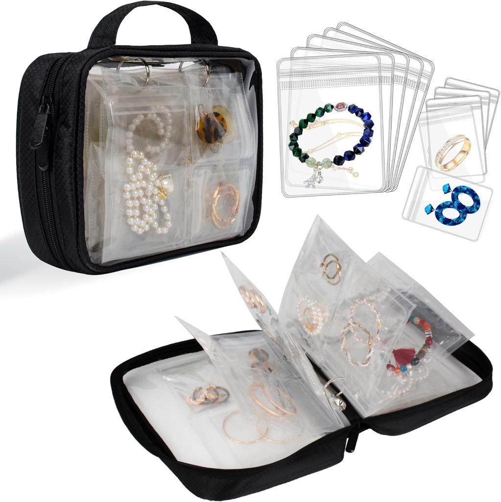 Travel Jewel Organizer Case Gap Jeweller Storage Book Binder Bag for Earrings, Yüzükler, Elbiseler, Siyah