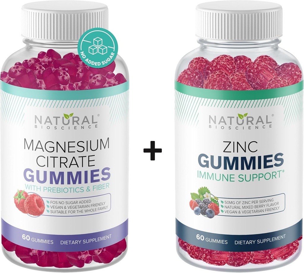 Sugar Free Magnesium Gummies & Extra Strength Zinc Gummies, Vegan, Gluten Free, Calmness, Relaxation, Muscle Health, Immune Support, Skin Health, Non-GMO, 60 Gummy Vitamins