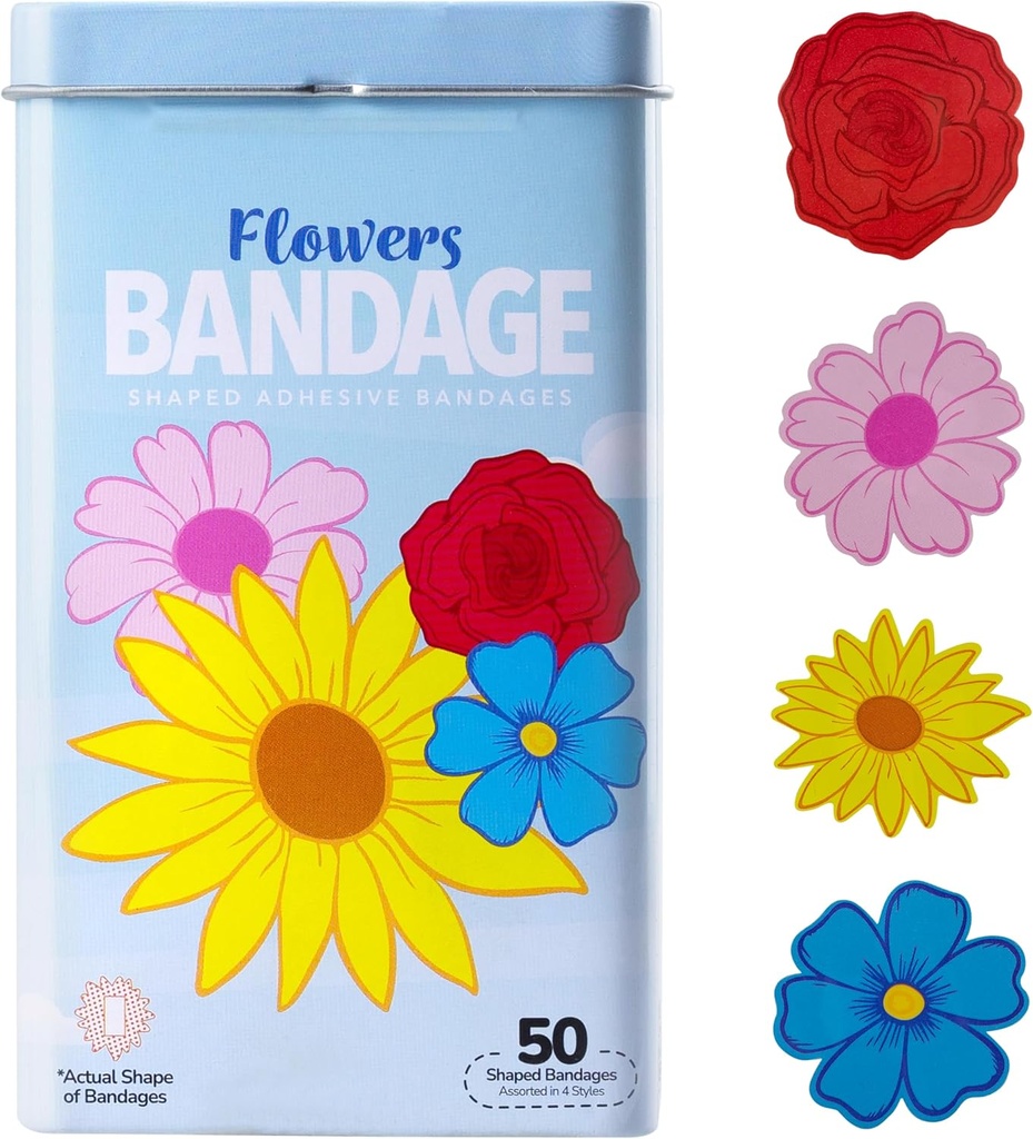 Bioİsviçre Çocuklar Bandajlar, Çiçekler Kendi Yapıştırıcı Bandage Seti, Latex Free, Sterile Yara Bakımı, 50 Kont