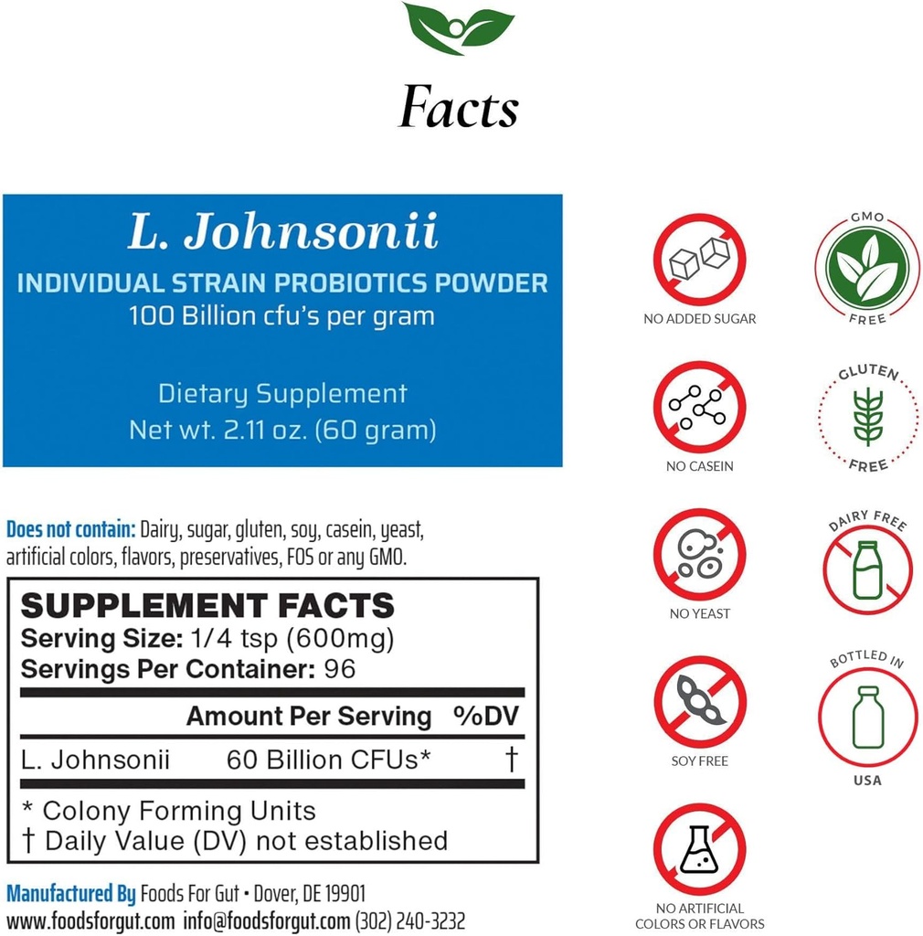 Gut Lactobacillus Johnsonii Probiyotik Toz 100 Milyar cfu'nun | No Katkılar | Üreticiden Doğrudan | Üçüncü Partili Depolama | Immune Support | L. Johnsonii | 60 Grams (2.11 Oz)