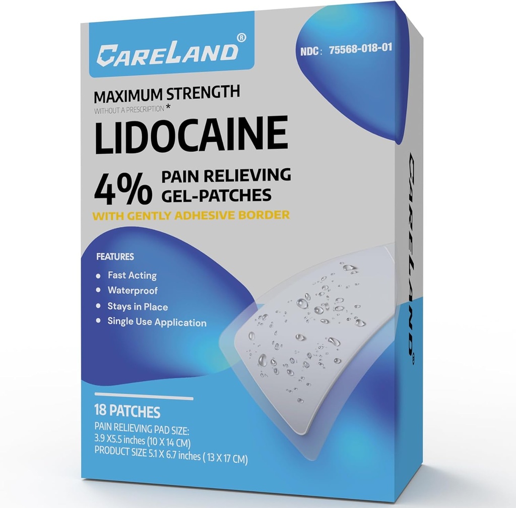 CARELAND 4% Lidokak Patches 18 Adet Sular En Güçlü Yapıştırıcı Sınırı ile Geri Ağrı Ölçüm Ürünleri Patches, Boy Diz Nerve Omuz Ağrılı Kas Rahatlama için, Super Sticky