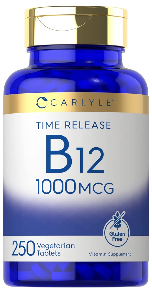 Carlyle B12 Vitamin 1000 mcg | 250 Sayı | Zaman Yayın Tabletleri | Cyanocobalamin | Vegetarian, Non-GMO & Gluten Free Supplement Supplement