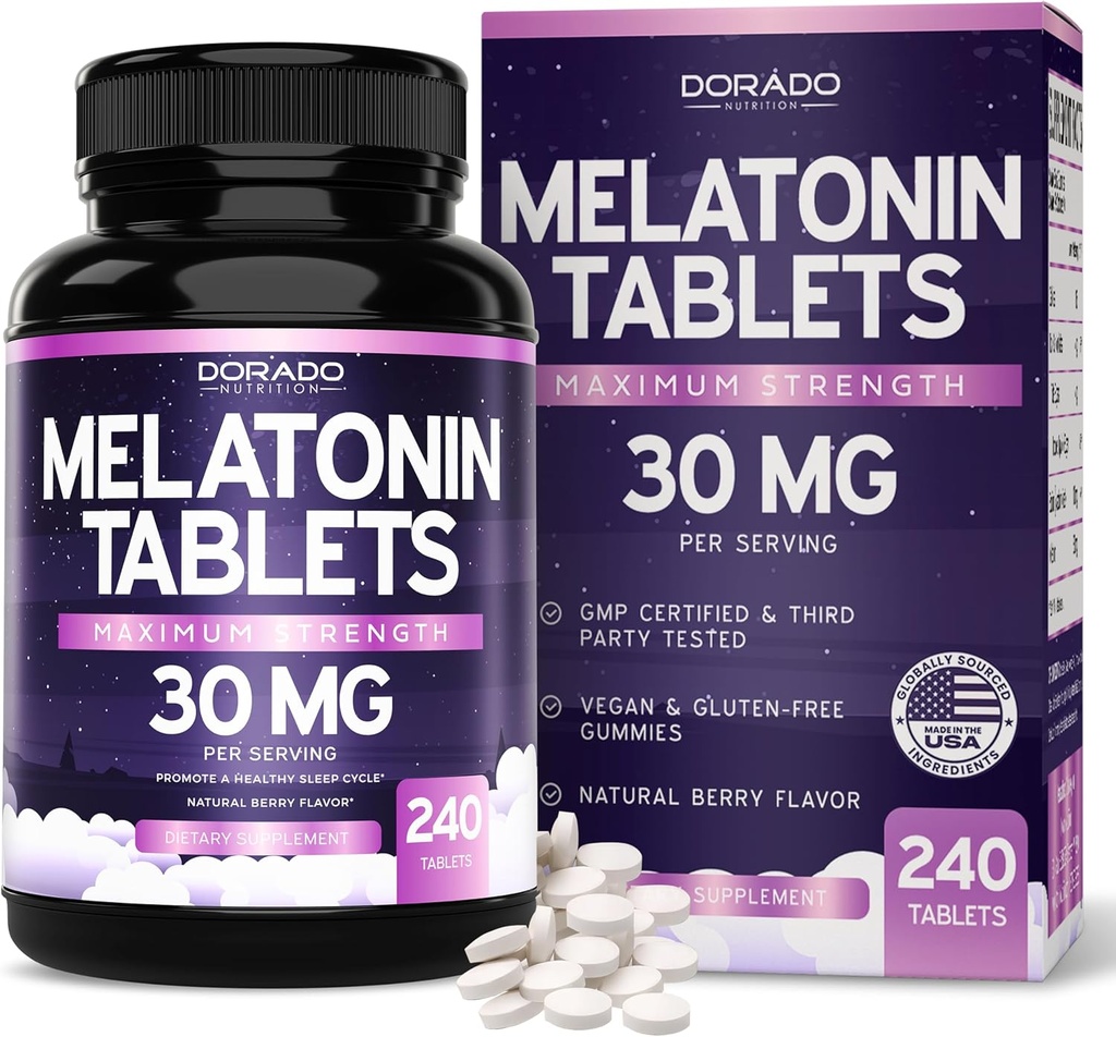 Melatonin 30mg Tablets for Adults (240 Tablets) - Fast Dissolve Tablet with 30mg of Melatonin Per Tablet - Gluten-Free, Non-GMO, 100% Vegetarian, & Great Tasting - Mixed Berry Flavor - Made in USA