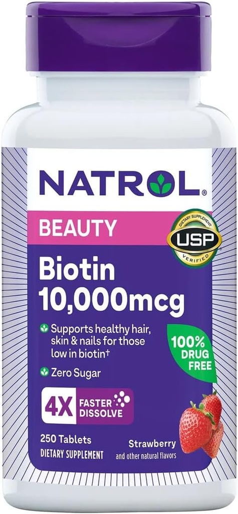 Natrol Biotin 10000 mcg, Strawberry Flavor, Hızlı Dissolve Tabletler, Ekstra Güçlü, 250 Kont