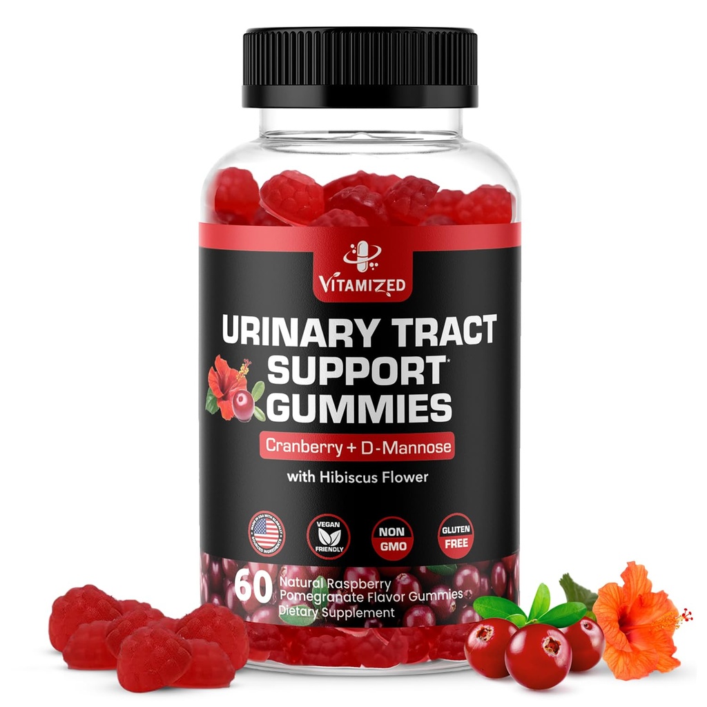 Potent Cranberry Gummies 1500 mg with D Mannose - Kadınlar ve Erkekler için Urinary Tract Health, Urinary Flush & Bladder Fast-Acting Support Supplements with Hibiscus Toz, 60 Count