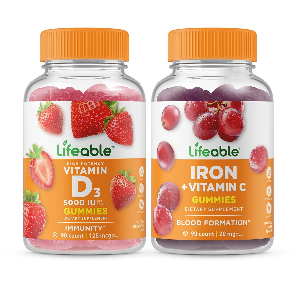 Lifeable Vitamin D 5000 IU + Demir C, Gummies Sche - Great Tasting, Vitamin Tamam, Gluten Free, GMO Free, Chewable Gummy Gummy