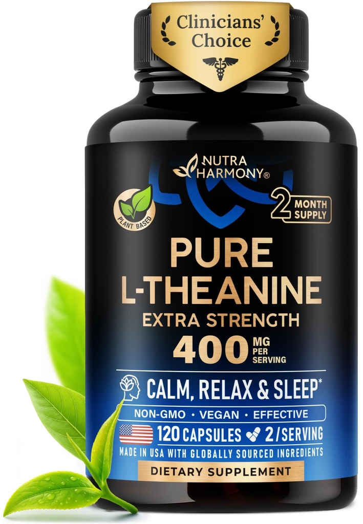 L Theanine 400 mg | L-Theanine Stres Yardım | Ekstra Güçlü Tamam | ABD'de Yapılacak | Rahatlama, Uyku ve Calm Desteği | Erkekler ve Kadınlar | Bitki bazlı, Non-GMO & Gluten-Free | 120 Vegan Capsules