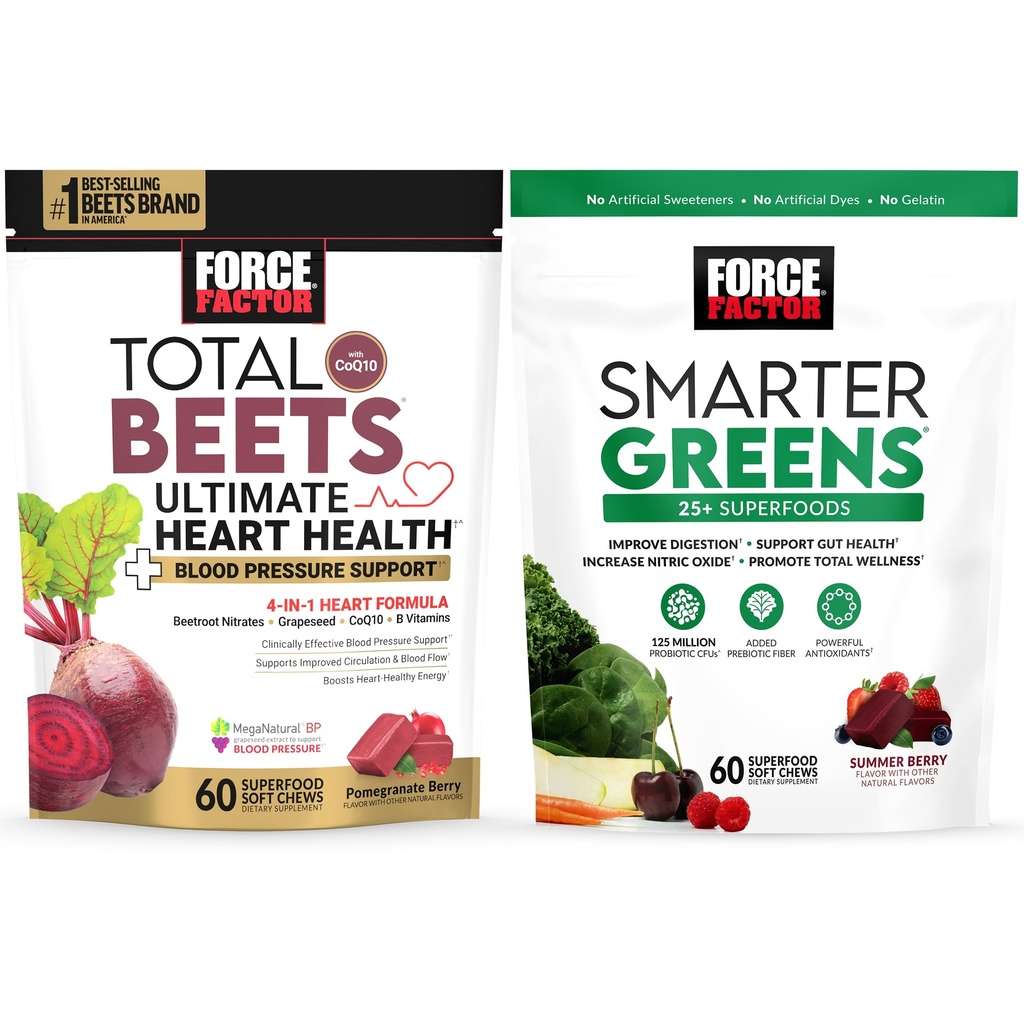 Total Beets Ultimate Heart Health Blood Printing Support Chews with CoQ10, 60 Soft Chews + Smarter Greens Superfood Chews, Digestion Desteklemek için, 60 Soft Chews