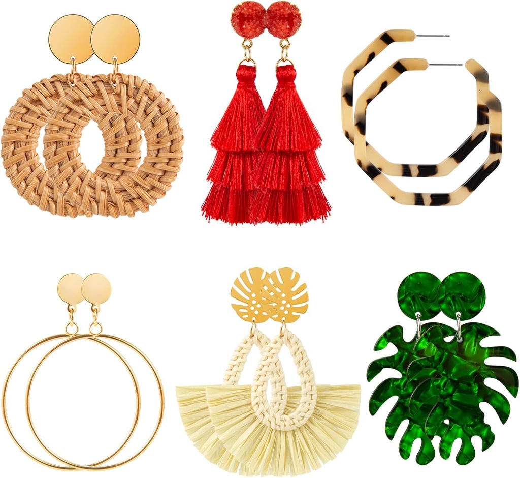 Kadınlar için Ponpon 6-18 Pairs Earrings, Hafif Yaz Earrings Straw Earrings Moda Geometrik Açıklama Hoop Dound Drop Earrings for Women