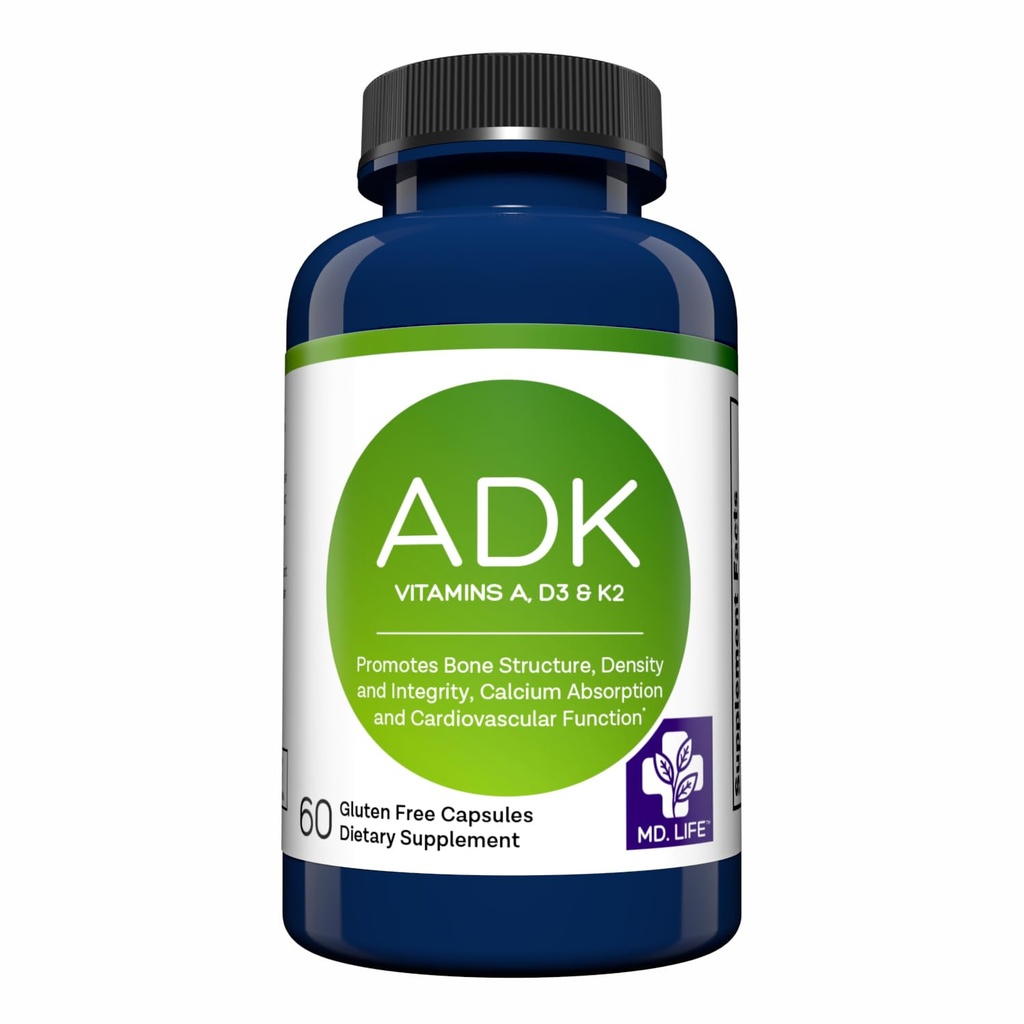 MD.LIFE ADK Vitamin Supplement – Vitamin D3 K2 ve A Kompleks - 60 Capsules – Yüksek Potency Vitamin ADK for Bone and Heart Health Support