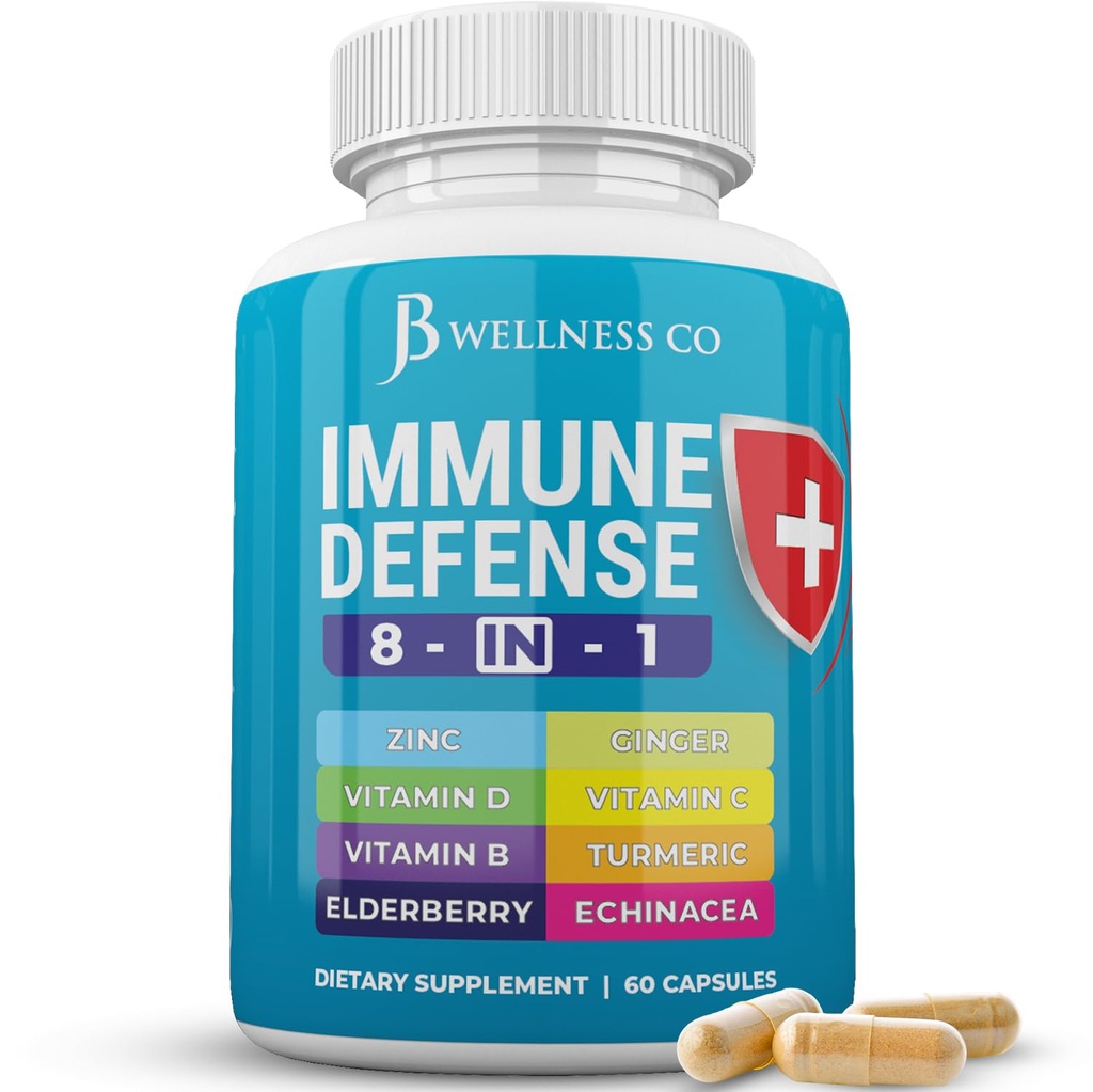 JB Wellness Co Immune Support 8 in 1 Capsules - Zinc Supplement, Vitamin D3, Vitamin C and Elderberry - Immune Booster Supplement with Echinacea, Ginger Root, and Turmeric