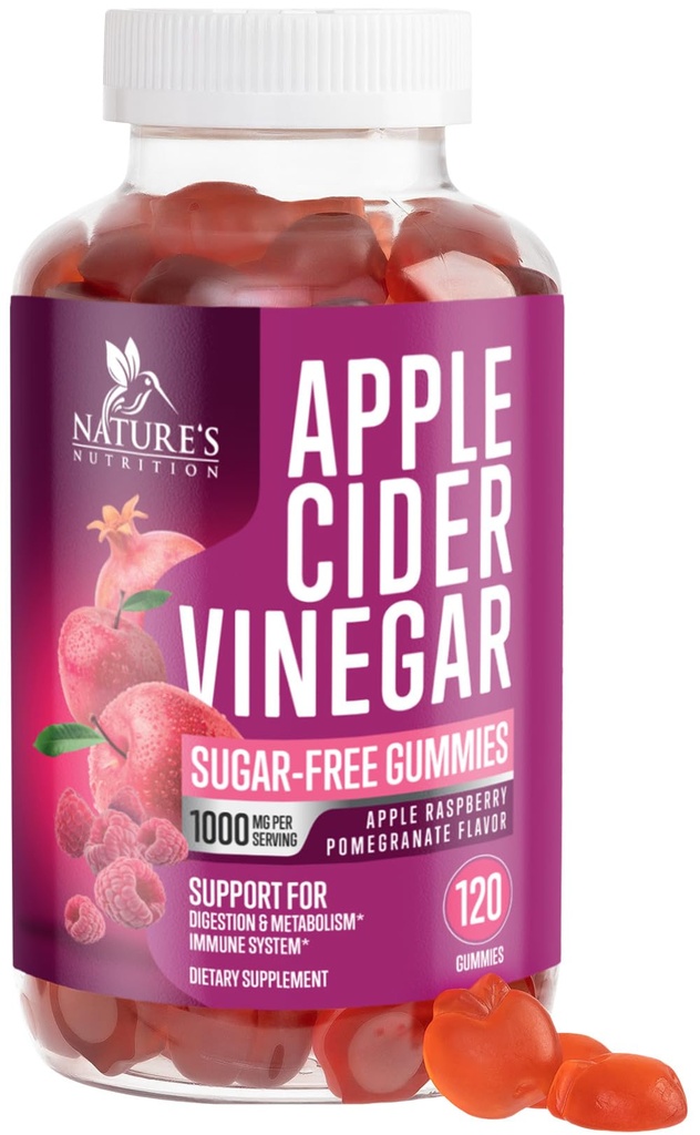 Apple Cider Vinegar Gummies 1000 mg - Sugar Free ACV Gummy for Cleanse, B12 for Digestion Energy & Immune Health Support, Supports Metabolism, Vegan, Chem, Apple Raspberry Flavor - 120 Gummies