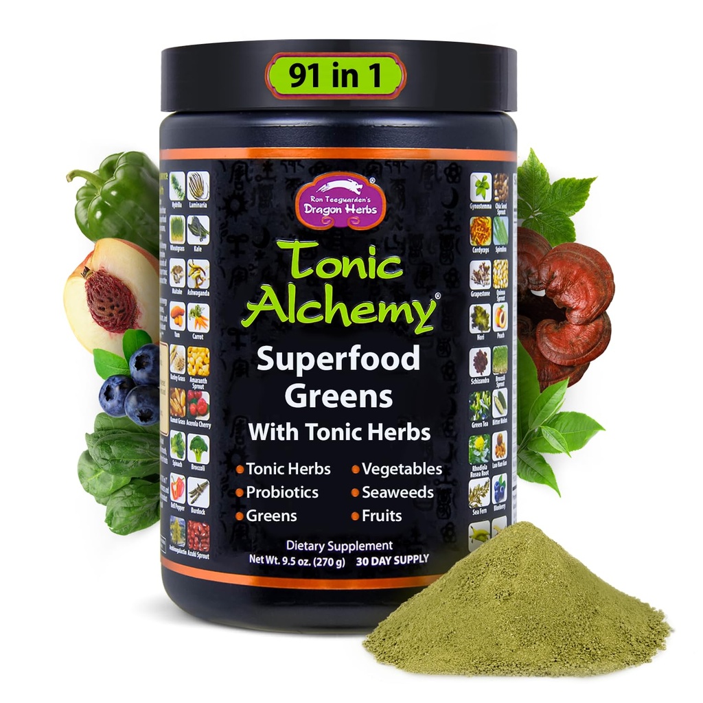 Dragon Herbs Tonic Alchemy Superfood Greens Powder with 91 Ingredients: Tonic Herbs, Ashwagandha, Mushrooms, Probiotics, Super Greens, Seaweeds, Fruits, Vegetables, Spirulina - 30 Servings