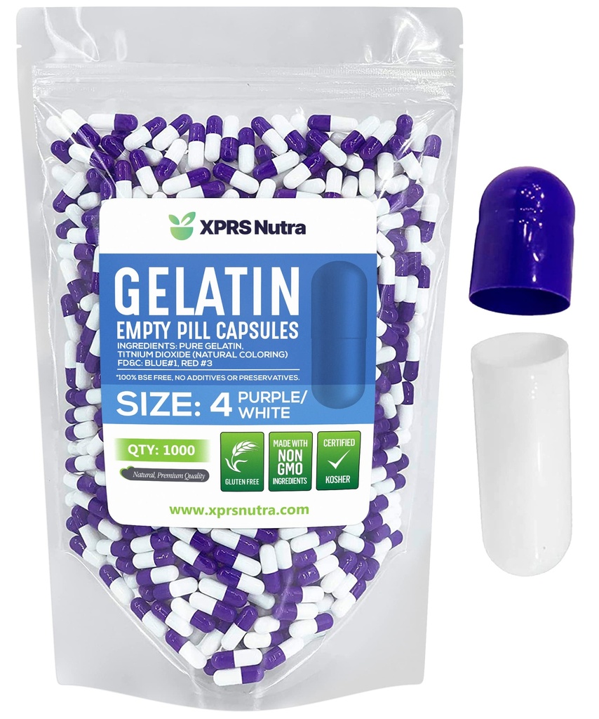 XPRS Nutra Boyutu 4 Boş Kapsüller - 100 Kont Küçük Boş Gelatin Capsules - Pills DIY Capsule - Sağlam Bovine Pill Gel Caps For Do-It- Yourself Supplements (Purple/White)