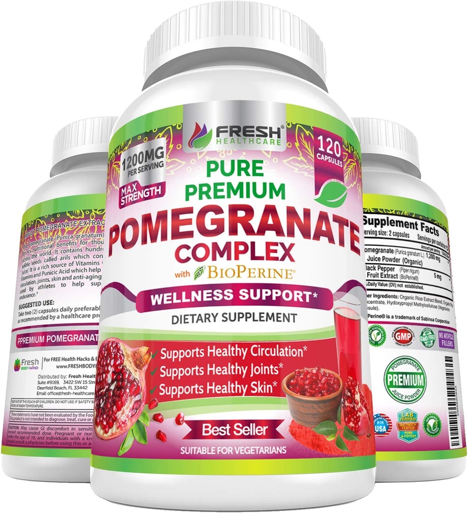 Premium Pomegranate Juice Toz Supplement 1200 mg, Sağlıklı Kan Basıncı, Ortaklar, Skin & Anti Aging with Bioperine Black Pepper, Powerful Anti withoxy C & K, 120 Vegan Capsules