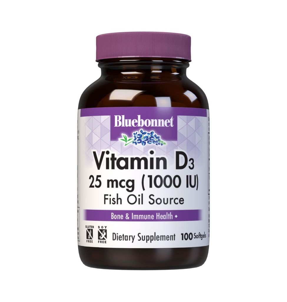 Bluebonnet Nutrition Vitamin D3 1000 IU Softgels, Aids in Muscle and Skeletal Growth, Cholecalciferol from Fish Oil, Non GMO, Gluten Free, Soy Free, Dairy Free, 100 Softgels