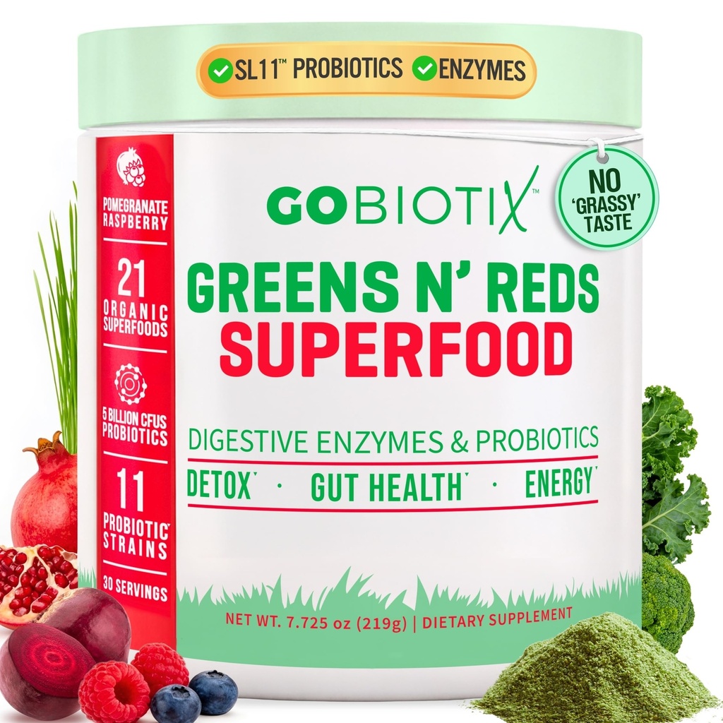 GOBIOTIX Super Greens ve Reds Toz - Red ve Green Superfood - Probiyotik Supplement - Digestive Enzymes and Beet Root Toz - Organik Tüm Gıdalar Diyetsel Tamam (Pom Raspberry, 1 Pack)