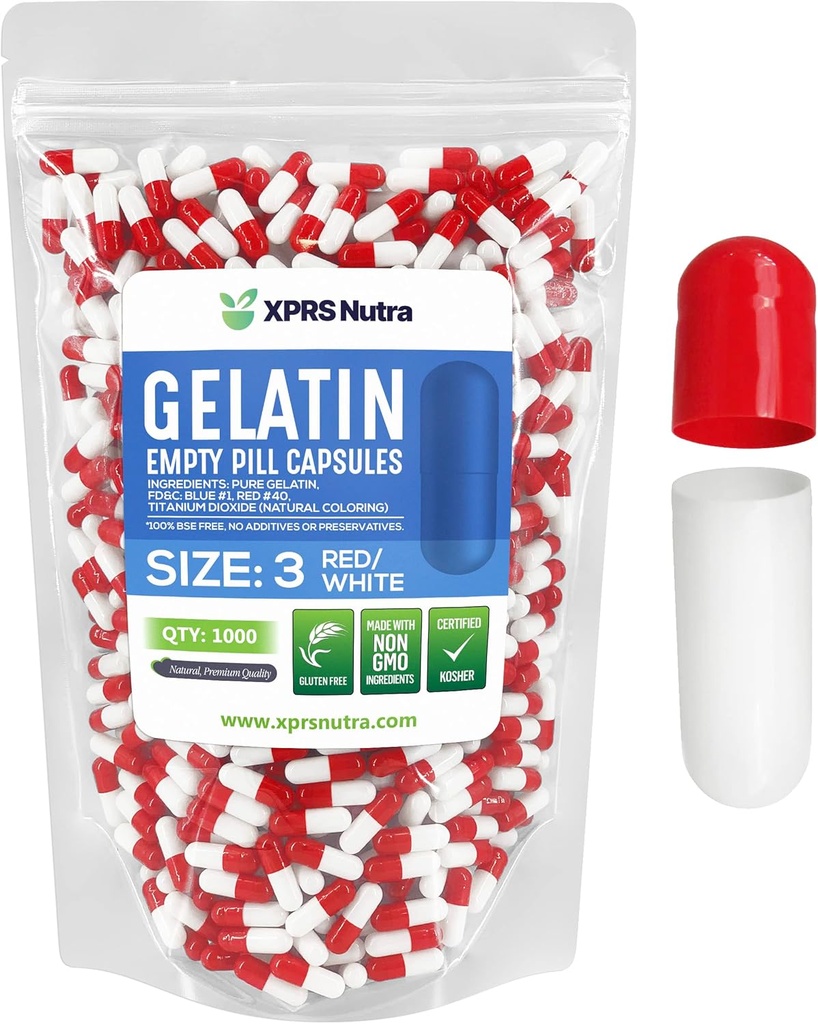XPRS Nutra Boyutu 3 Boş Kapsüller - 1000 Kont Boş Gelatin Capsules - Pills DIY Capsule - Pure Bovine Pill Gel Caps Do-It- Yourself Vitamins and Supplements (Red/White)