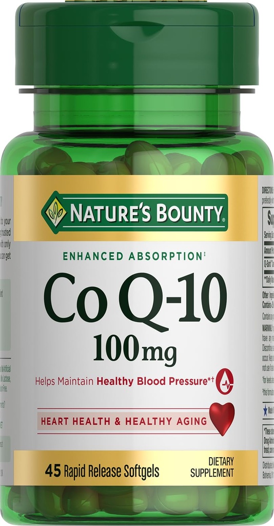 Nature's Bounty CoQ10 100mg for Heart Health Support, Non-GMO Q-Sorb Coenzyme Q-10oxy Support and Cardiovascular Wellness, Diyetsel Tamam, Hızlı Yayın Softgels, 45 ct