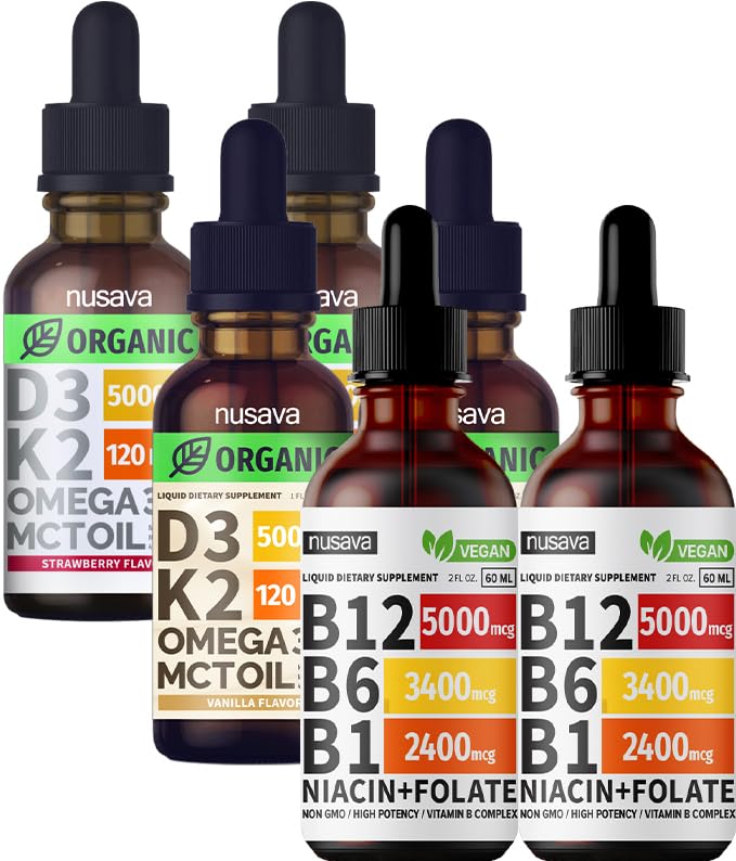 NUSAVA Vitamin B12 Liquid Drops Sche, Strawberry Flavored D3 K2, & Vanilla Flavored D3 K2 - Kalp, Enerji, Beyin ve Immune Desteği için Potent Sıvı Vitaminler - Gluten-Free, 2pk Her Gluten-Free, 2pk