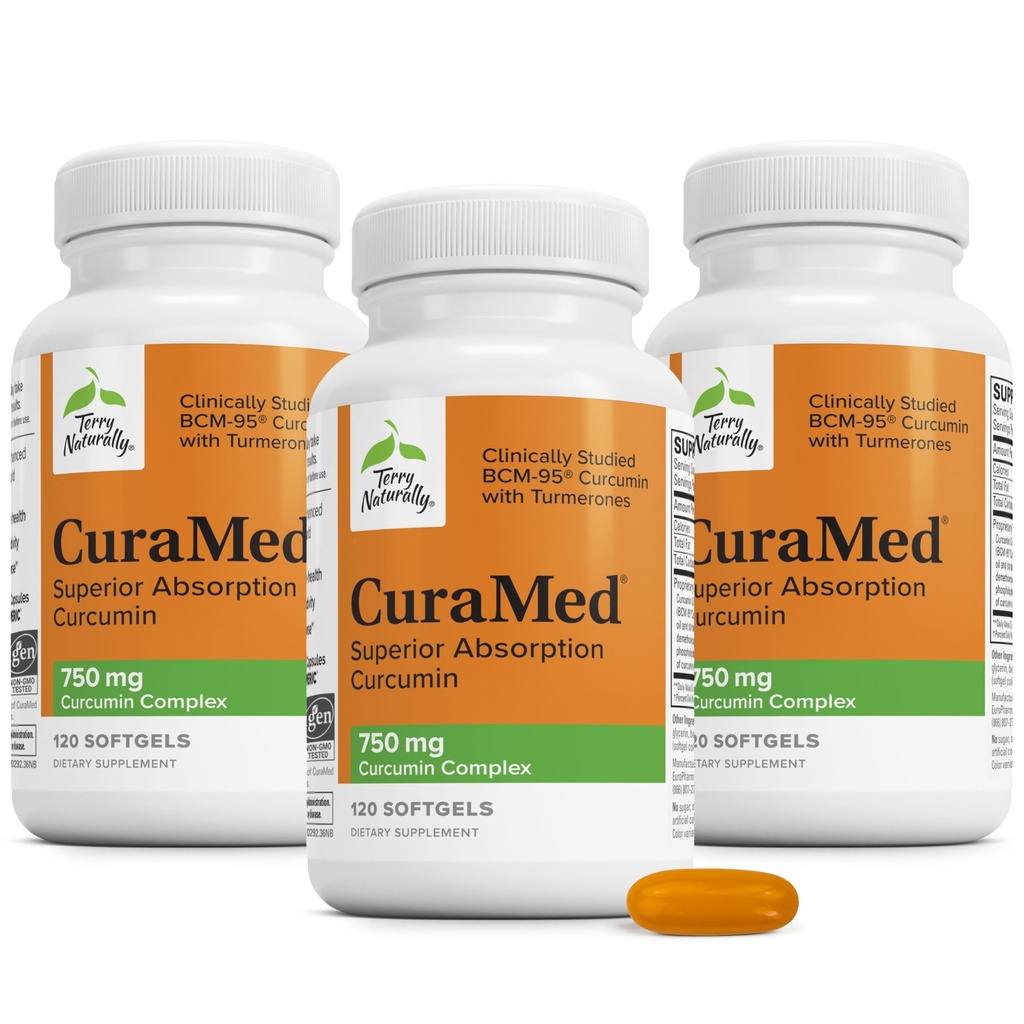Terry Natural CuraMed 750 mg - Antioksi Supplement for Brain & Heart Health - Supplement with High-Potency Curcumin Complex - Kidney, Liver & Immune Health Support - 120 Softgels (Pack of 3)
