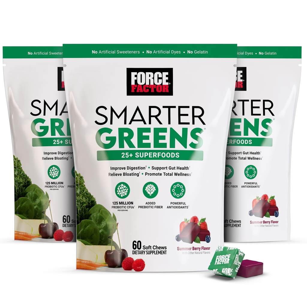 FORCE FACTOR Smarter Greens Superfood Chews, 3-Pack, Greens and Superfoods with Probiyotiks, Antioksis, and Fiber, Greens Supplement to Support Digestion, Nitric Physics, and Energy, 180 Chews