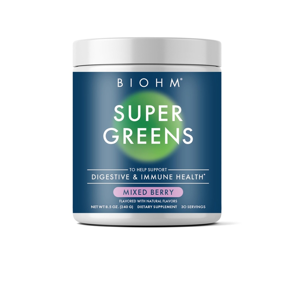 BIOHM Super Greens, Green Superfood Toz (8.5 Oz, 30 Hizmet) Antioksi Veggie Toz & Smoothie Mix, 34 Superfoods & Spirulina, Digestive Enzymes, Prebiyotiks ve Probiyotikler, Karma Berry Flavor